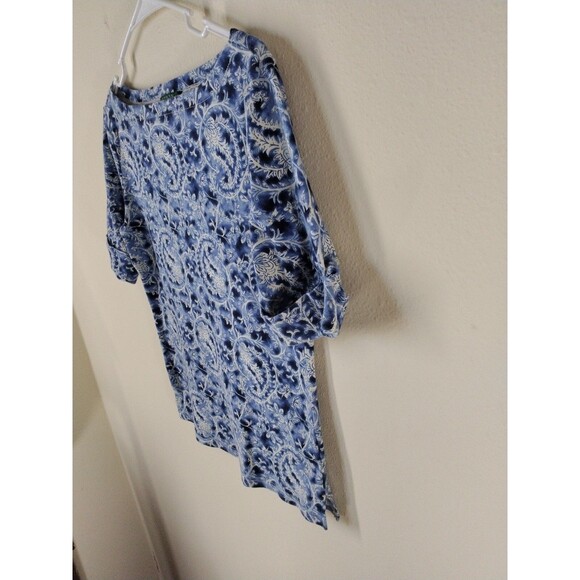 Lauren Ralph Lauren Women's Shirt M Blue/White Paisley Rolled Sleeve Boat Neck - Picture 6 of 14